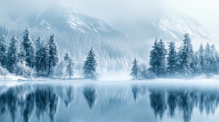 Obraz premium Snow-Covered Forest Reflected in a Calm Lake