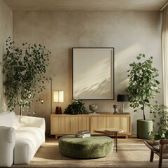 Serene and inviting spring living room with a mock-up poster frame, light wood sideboard, cozy white sofa, vibrant green plant stand, indoor plants, and a chic, modern lamp on the side â€“ar