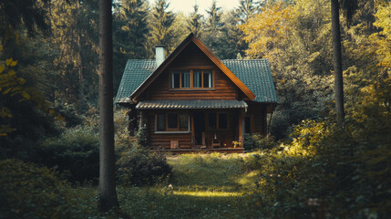 A cozy wooden house nestled in the forest.
