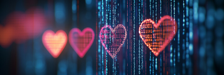 Digital Hearts with Binary Code Background Representing Love and Technology