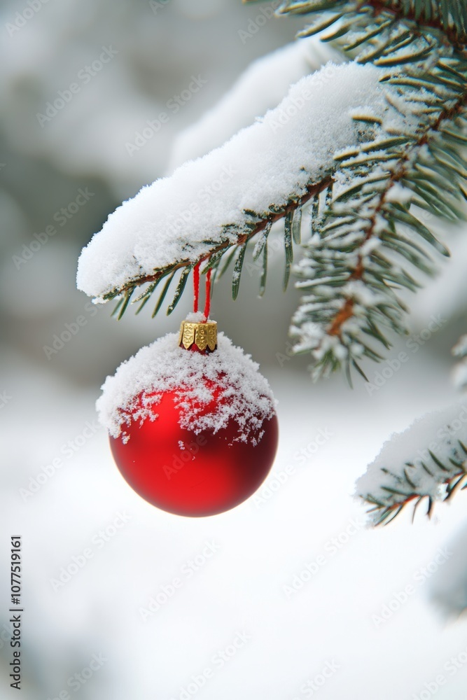 Wall mural a vibrant red ornament dangles from a snow-laden tree branch, capturing the essence of winters festi