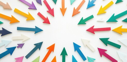 Fototapeta premium Colorful arrows pointing in different directions on a white background, symbolizing progress and growth Generative AI