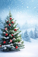 Obraz premium A festive Christmas tree adorned with colorful ornaments stands gracefully in the snow, evoking holiday cheer.