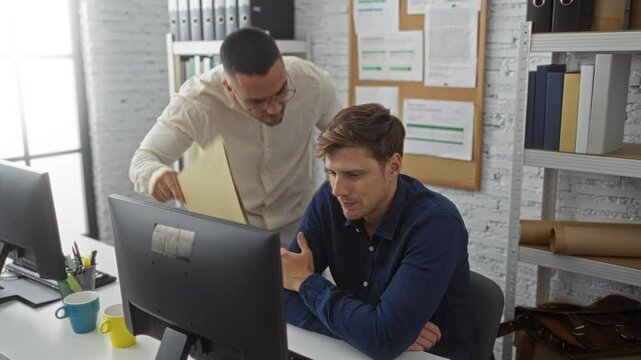 Two men in an office, one standing and scolding the other who is seated and focused, suggesting a tense workplace interaction with papers and computers visible.