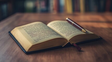 Open Book and Pen on Wooden Table
