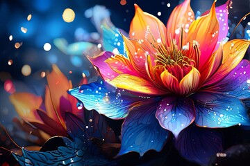 Fototapeta premium Vibrant digital artwork featuring luminous flower with vivid colors, intricate details. For creative art projects, background, greeting card, print, textile design. Captures essence of natures beauty.