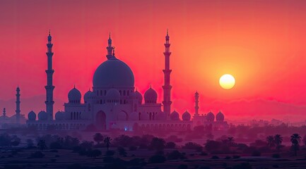 A grand mosque silhouetted against a vibrant sunset sky.