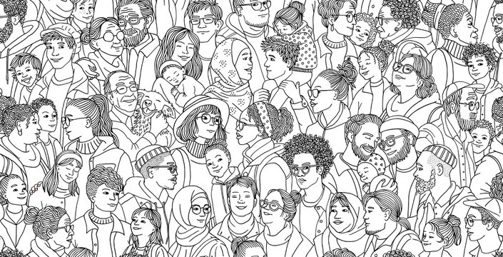 Seamless black and white illustration of diverse adults and children