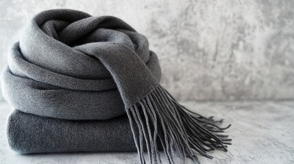 Cozy grey woolen scarf on concrete, cold weather accessory