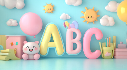 The letters A, B, and C are displayed in a 3D rendering, with clouds, suns, balloons, and a cute...