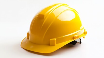 Fototapeta premium Bright yellow hard hat for construction workers on a plain background while promoting safety gear