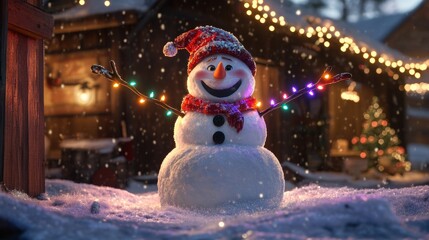 Obraz premium Smiling snowman holding christmas lights in snowy landscape