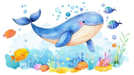 Obraz premium Cute whale swimming underwater with colorful fishes and coral reefs