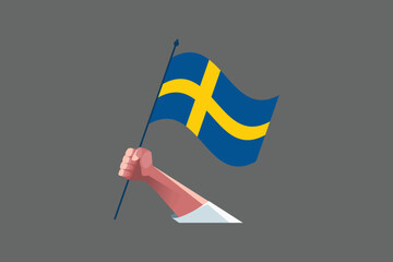 A hand holding a Sweden flag, Flag of Sweden national country symbol illustration Vector, Rectangle Sweden flag illustration, Flat vector illustration
