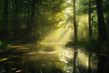 Fototapeta premium Serene sunlight filters through lush green trees in a tranquil forest, illuminating a gentle stream below.