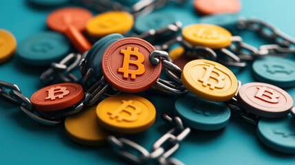 Colorful Bitcoin symbols on coins linked by metal chains, representing digital currency security and blockchain technology.