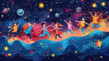 Fototapeta premium Vector graphic of children on a cosmic road trip across the galaxy, visiting planetary landmarks and encountering alien cultures