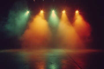 Fototapeta premium Colorful stage lights illuminating foggy concrete, cinematic, moody, dramatic, colorful
