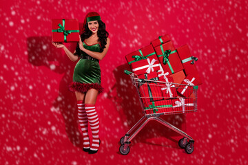 Photo of provocative lady demonstrate gift box wear elf hat costume pantyhose isolated red color...