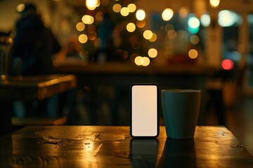 A smartphone with an empty screen stands upright on a wooden table next to a ceramic cup, surrounded by a warm, inviting caf ambience filled with soft bokeh lights