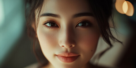 A young woman with dark hair and brown eyes smiles gently at the camera. She is framed by a blurry background of light and shadow