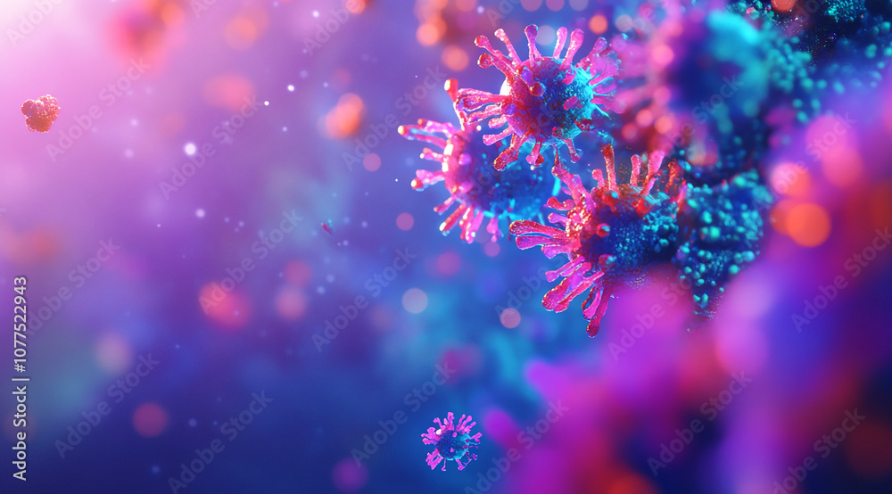 Poster a close-up view of a coronavirus with pink and blue hues and multiple spikes