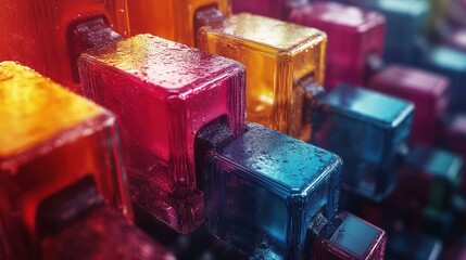 Abstract colorful cubes with metallic connectors.