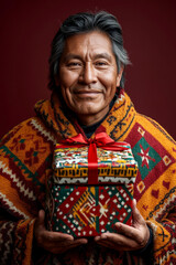 Fototapeta premium Festive Portrait of Native American Middle-Aged Male Wearing Decorated Christmas Poncho Holding Christmas&nbsp;Gift