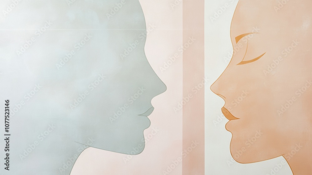 Poster Soft pastel silhouettes of two profiles highlight the themes of communication and understanding between individuals. Generative AI