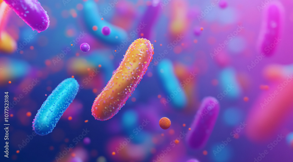 Poster a microscopic image of colorful bacteria, showcasing the diverse shapes and sizes of these microorga