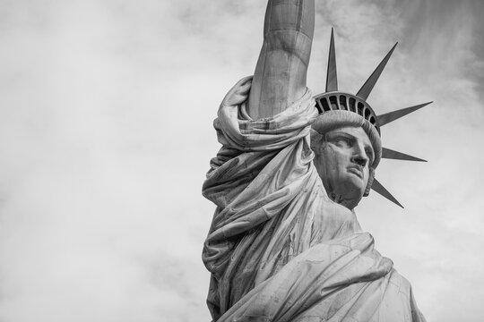 Monochrome close-up of the Statue of Liberty in New York City