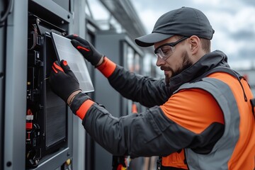 Fototapeta premium Technician Installs Solar Panel for Efficient Energy Solutions