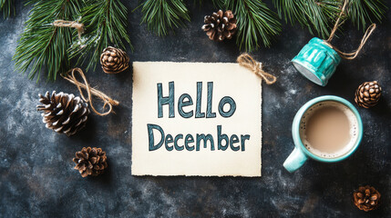 A handwritten "Hello December" greeting with pine branches and cones around it. It evokes the feeling of winter with its cozy textures and traditional holiday drinks.