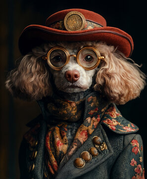 Anthropomorphic dog with glasses wearing vintage elegant hat and floral coat.