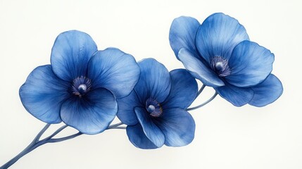 Three delicate blue flowers on a stem against a white background.
