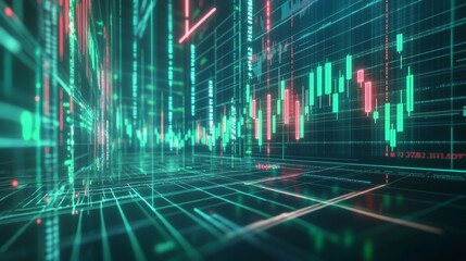 Abstract digital financial data visualization with glowing graphs and charts in vibrant colors