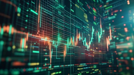 Fototapeta premium Colorful digital stock market data visualization with fluctuating graphs and charts at night