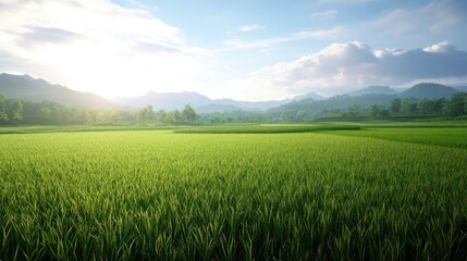 Serene Rice Paddy Field with Mountains in the Background
