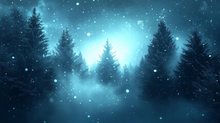 A Snowy Night in a Forest with Tall Evergreen Trees