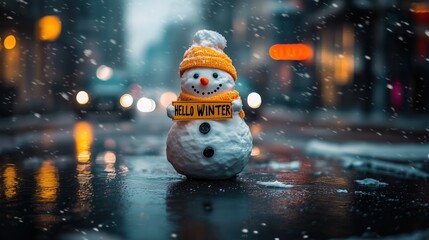A snowman holds a "Hello Winter" sign in a snowy city street, illuminated by car lights and festive bokeh.
