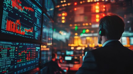 Obraz premium Stock market analyst reviewing trade data and financial trends in a modern trading room