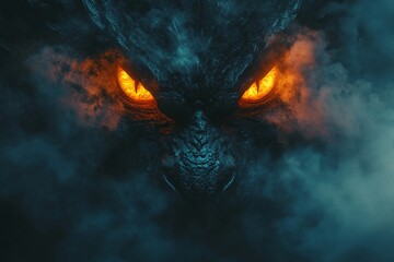 Dark dragon with glowing eyes, smoke swirling around head