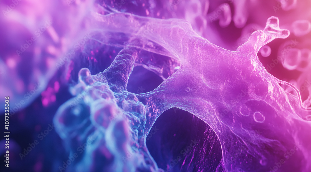 Poster This is a close-up image of a cell, which appears to be a neuron, taken with a microscope. The cell is a delicate, web-like structure, illuminated in vibrant shades of purple and blue