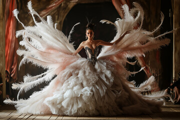 A dramatic scene with a model in a voluminous couture gown adorned with feathers, striking a pose at the end of the runway.