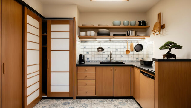 a compact Japanese kitchen with a functional, space-saving layout, featuring sliding doors, wooden cabinetry, and ceramic tile backsplashes