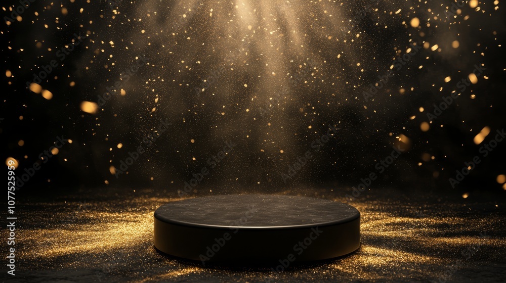 Aufkleber a dark stage is filled with shimmering golden particles cascading down around a circular platform. t