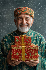 Fototapeta premium Festive Portrait of Middle Eastern Elderly Male Wearing green Christmas Tunic With Gold Patterns Holding Christmas&nbsp;Gift