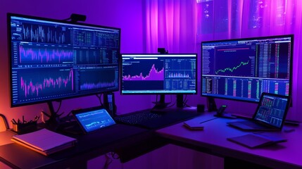 A modern trading setup with multiple monitors displaying financial charts and graphs at night