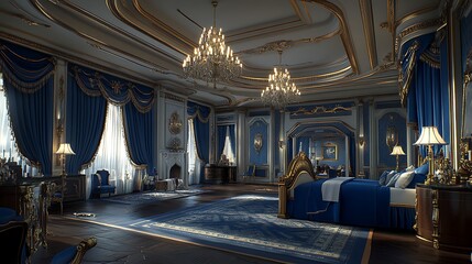 Fototapeta premium Luxurious bedroom with ornate decor, rich blue tones, and elegant lighting fixtures.