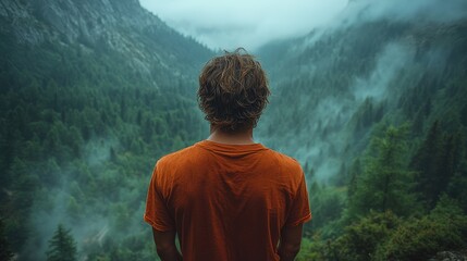 Obraz premium A young man in a red T-shirt stands with his back to the camera, gazing at the green forest and mountains from above